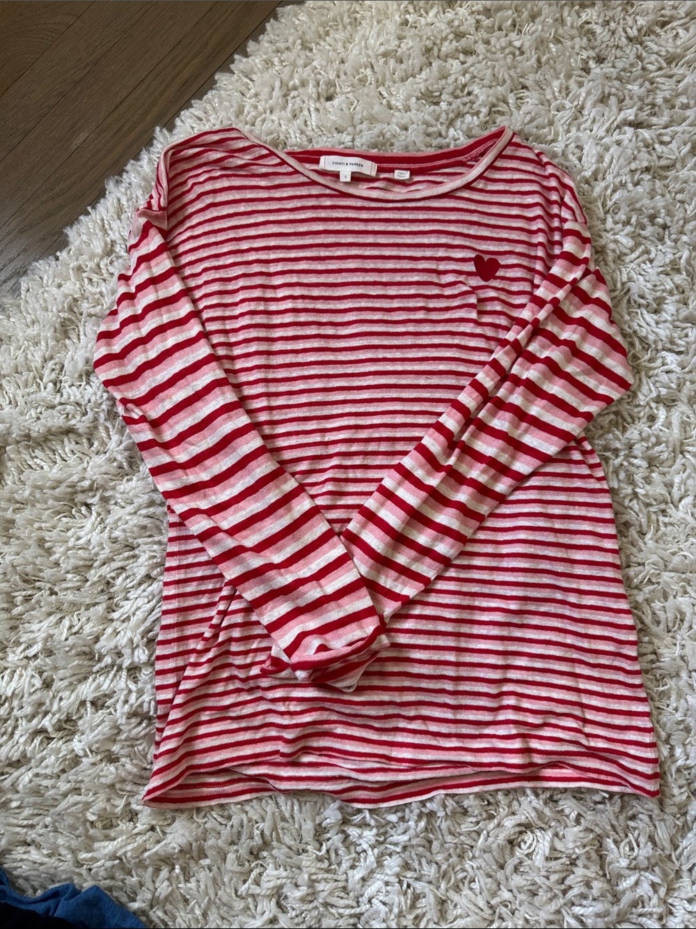 Chinti & Parker Red and White Striped Long-Sleeve Tee with Heart Motif